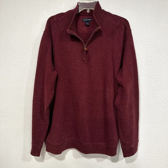 Lands End Pullover Sweater 1/4 Zip Long Sleeve Cotton Knit Burgundy Men Sz Large - Picture 1 of 8